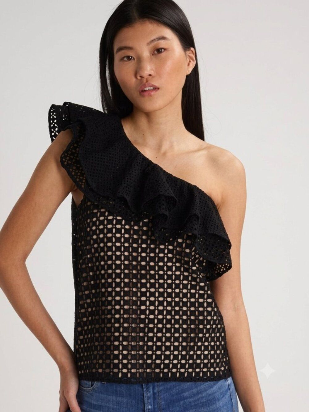 J.Crew Size 2 Black Eyelet One Shoulder Ruffle Top Nude Lined NWOT Date Night